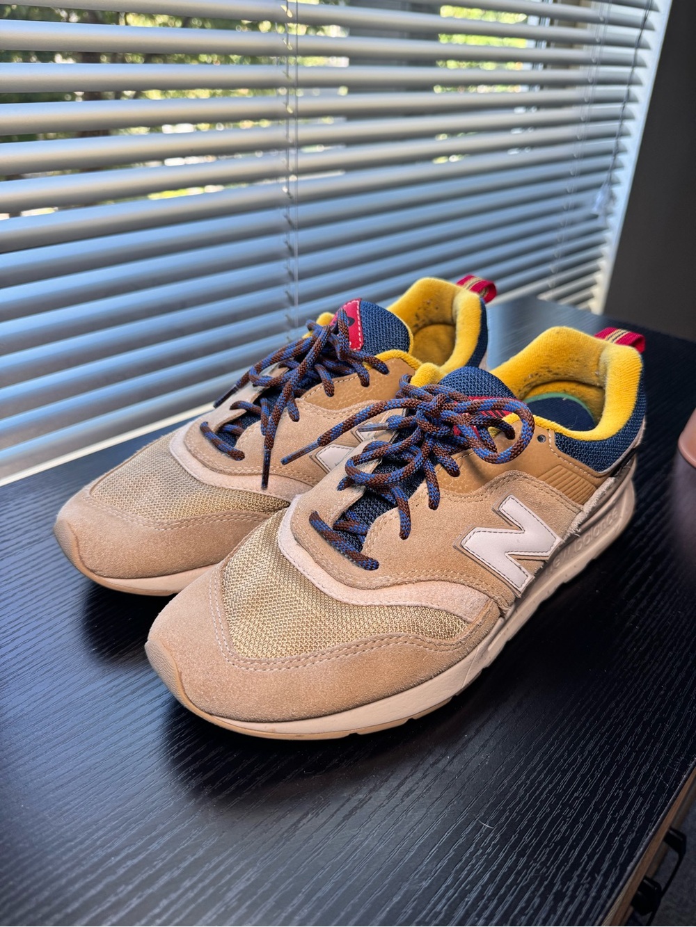 New Balance Men’s Tan Suede & Mesh Sneakers with Navy and Yellow Accents